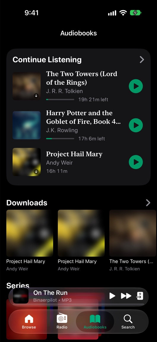 Cue’s Audiobooks tab: Continue Listening, then downloaded books