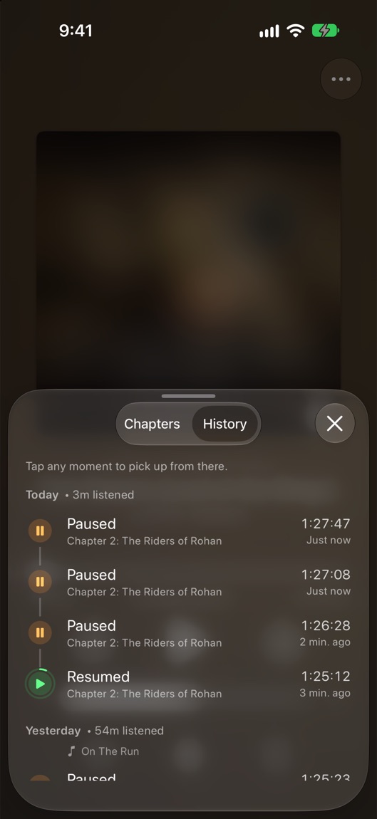 A book’s History in Cue: a timeline of plays and pauses, grouped by day