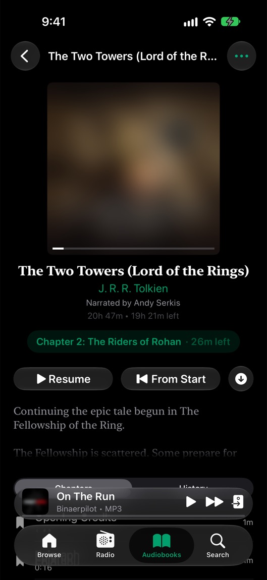 A book’s page in Cue, with its narrator, the chapter you’re in, Resume and From Start
