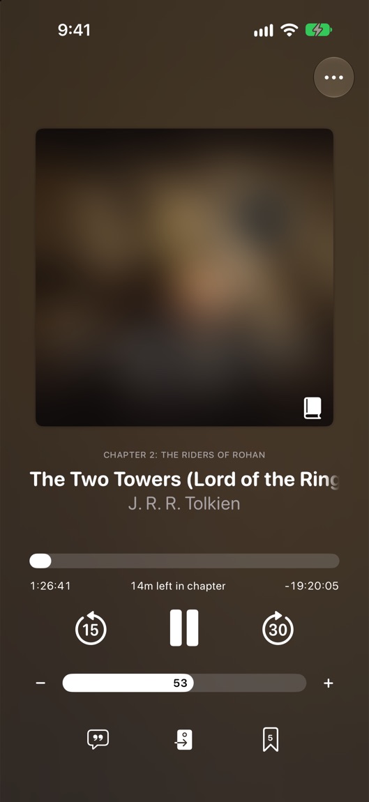 Cue playing an audiobook, with the chapter over the title and 15 and 30 second skips