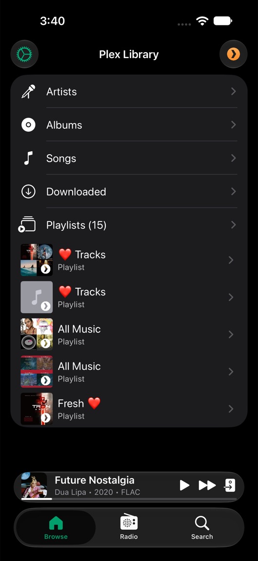 Cue showing a Plex library: Artists, Albums, Songs, Downloaded and Playlists