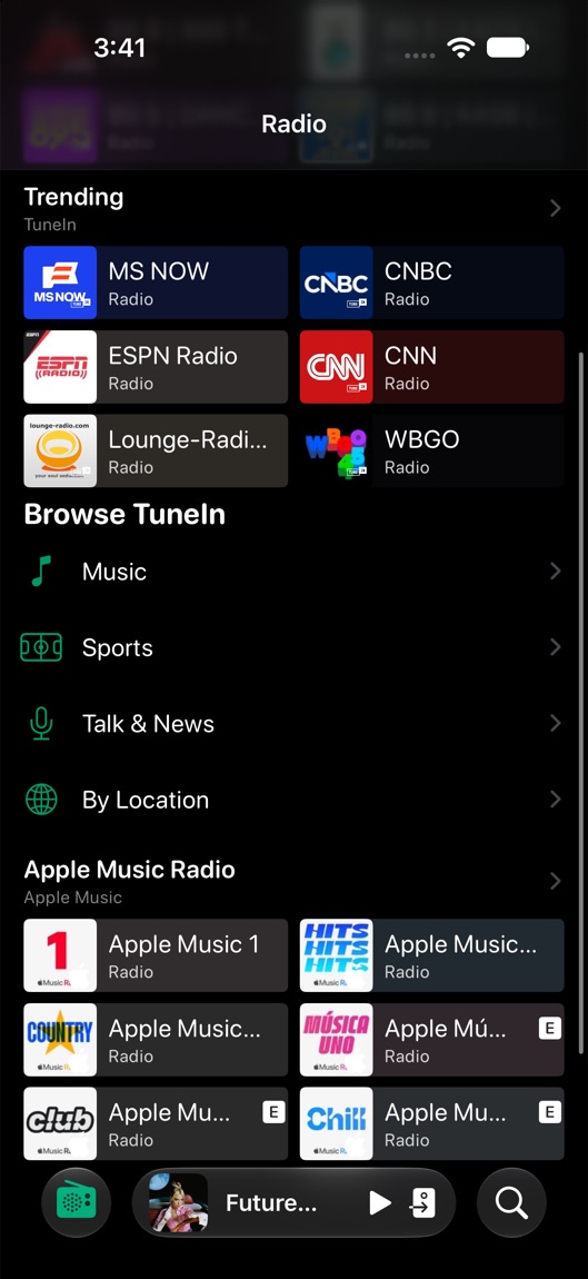 Live radio from TuneIn and Apple Music in Cue