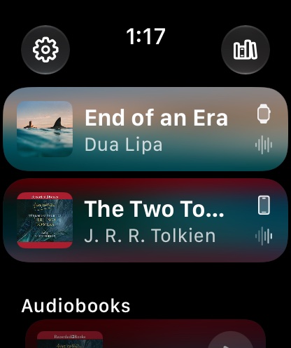 Cue on Apple Watch: the song playing on the watch above the book playing on the iPhone