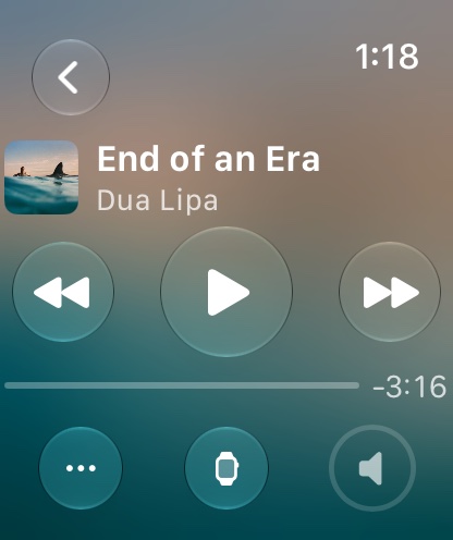 Cue’s Now Playing on Apple Watch, with the playback controls